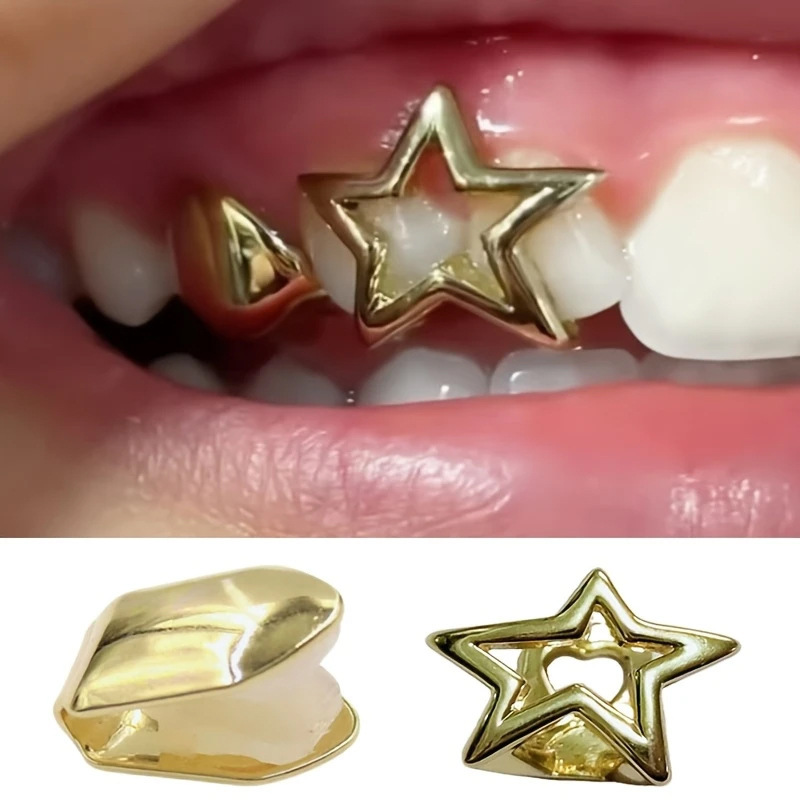 hiphopgrill, a cross-border niche design with a hollowed-out five-pointed star dental crown from Europe and America, is a hip-hop and simple star-shaped dental accessory full figure
