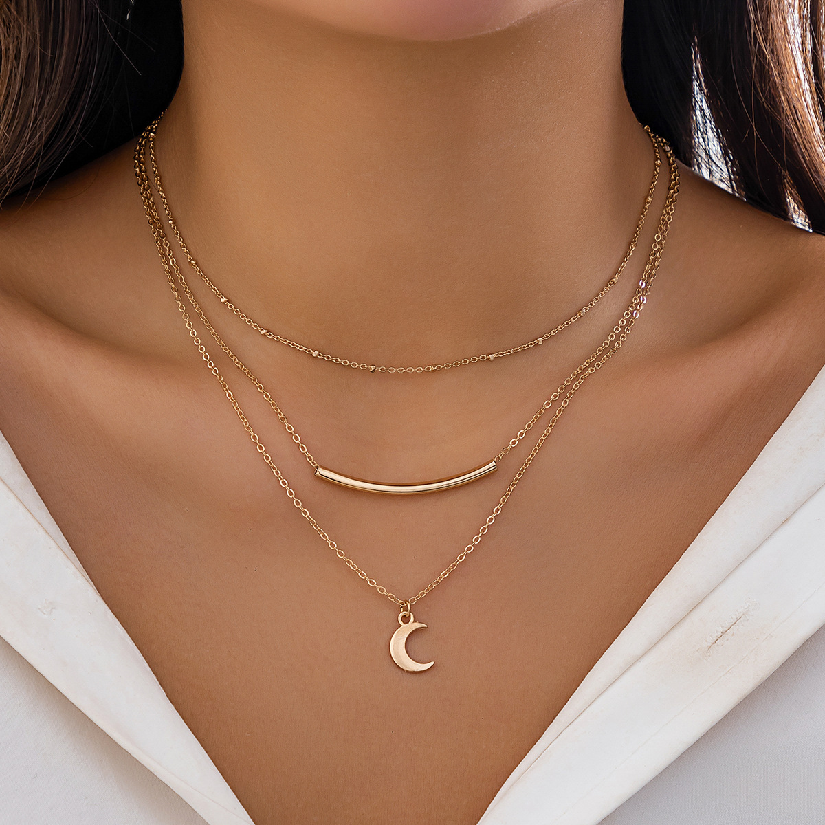 European and American simple plain circle smooth surface individual round tube necklace, versatile and layered metal style snake bone chain necklace accessory details Picture