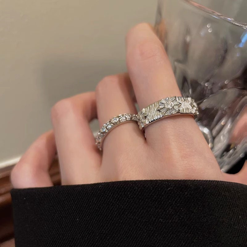French simple and individual two-piece set, brushed open ring, feminine cold style, exquisite full diamond stacked food ring, cool and trendy full figure