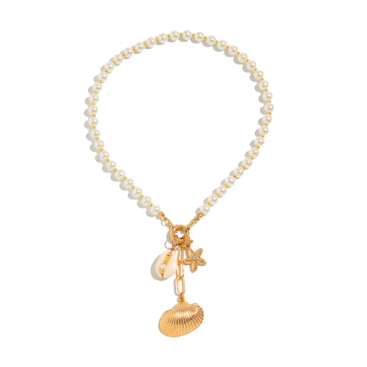 European and American cross-border jewelry, Baroque shell starfish metal pendant necklace, retro pearl beaded collarbone chain for women Item Picture