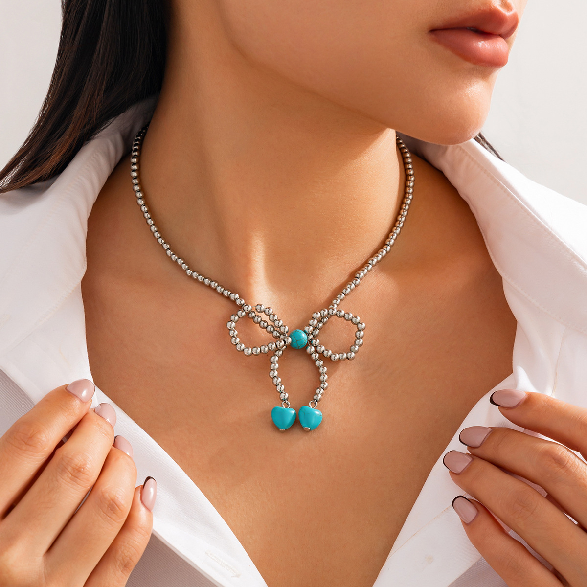 European and American cross-border jewelry, ins style bow turquoise pendant Necklace, simple CCB beaded Necklace new style details Picture