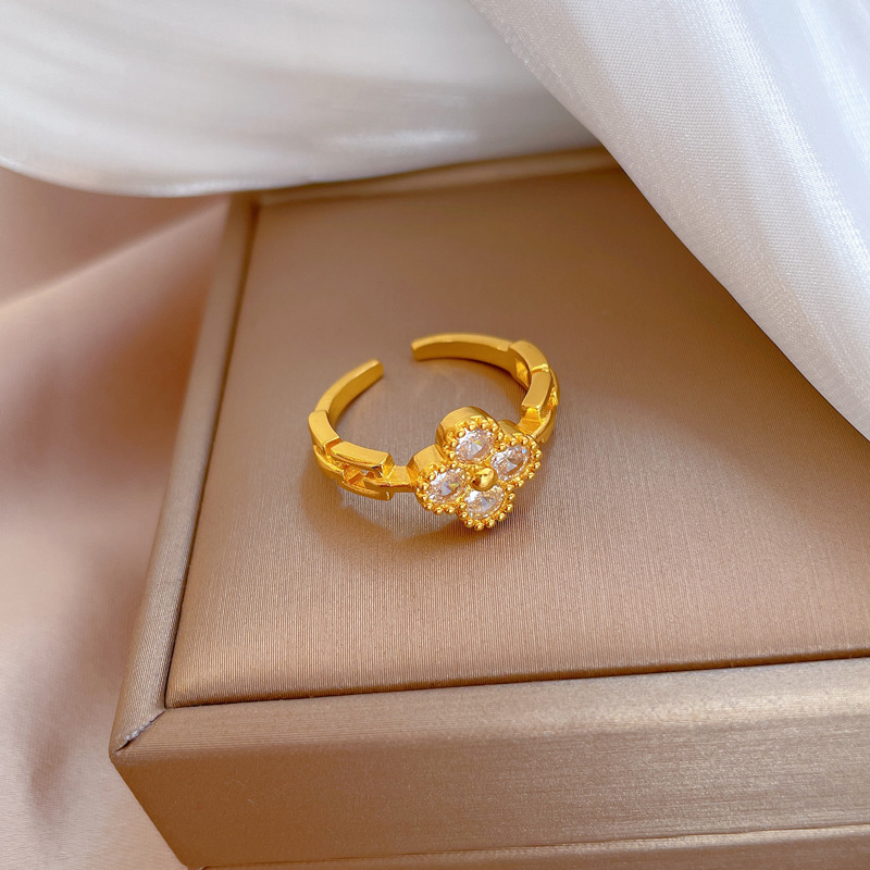 【 Real gold electroplating 】 Open ring, women's lucky clover fashion ring, index finger ring, the same style as Internet celebrities, simple and cold style Specification drawing
