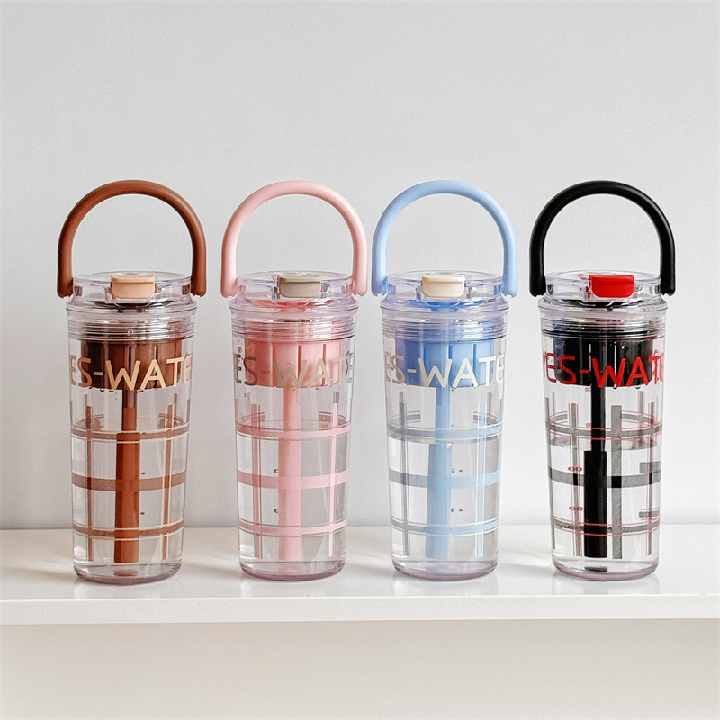 Checkered handle portable straw cup, summer TRitan water cup, high appearance level, heat-resistant plastic cup with scale details Picture