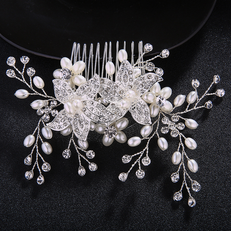 Korean-style forest-themed bridal accessories, alloy pearl hand-combed, luxurious diamond-encrusted, photography photo style, updo headwear Specification drawing