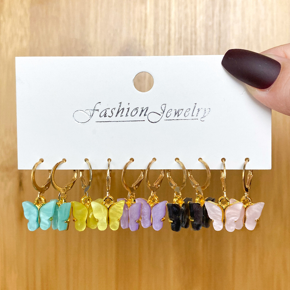New cross-border butterfly earrings set of 6 pairs, creative and simple acrylic butterfly earrings, 8-shaped heart-shaped stud earrings for women Specification drawing