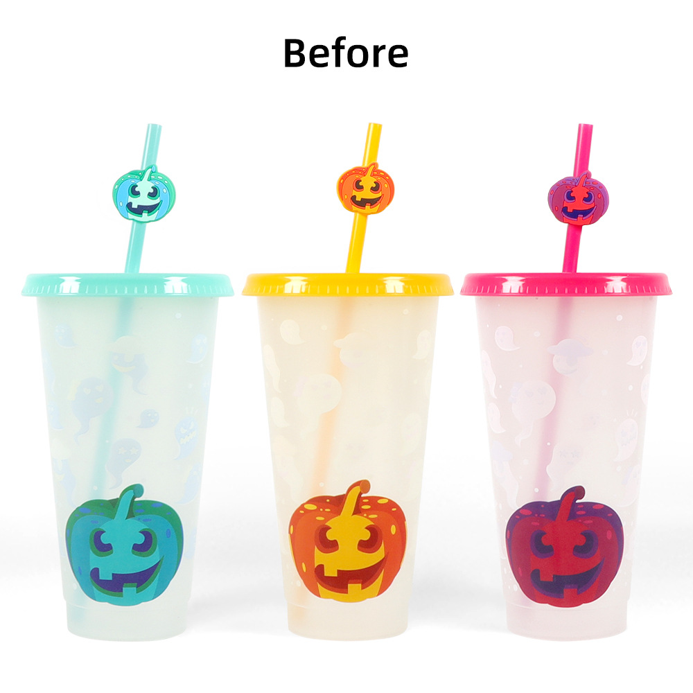 Cross-border in-stock Halloween three-piece set: Funny Devil Pumpkin color-changing cup, creative plastic straw Water cup Application Scenario