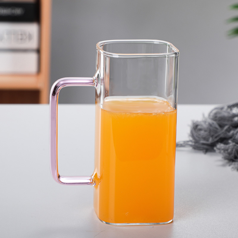 Wholesale of glass cups, water cups, milk cups, tea brewing cups, breakfast beverage cups, high borosilicate square colored glass water cups Specification drawing