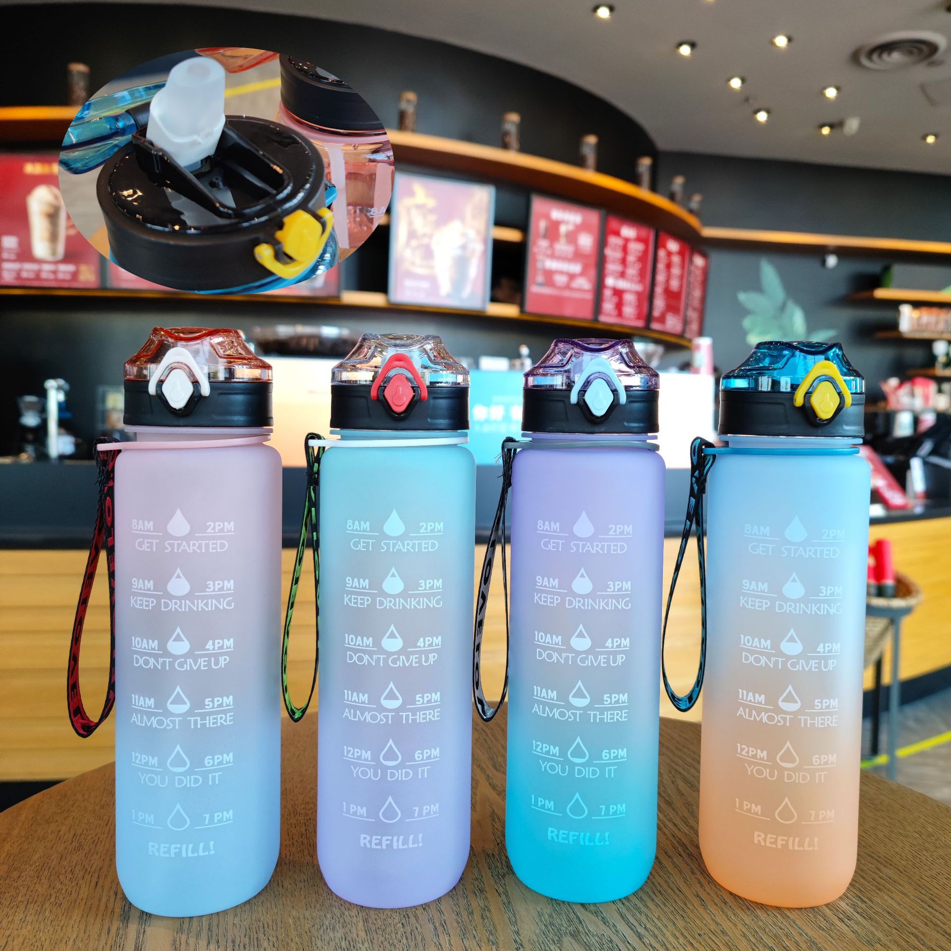 Large-capacity water bottle, gradient frosted duckbill shaped straw, portable rope, outdoor sports water cup 1000ml full figure