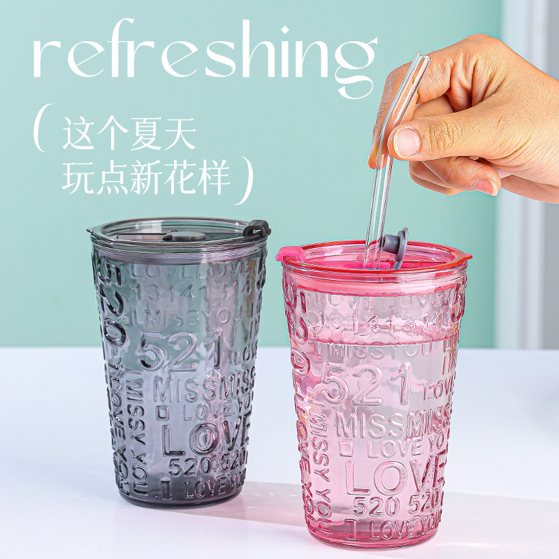 Embossed letter cup, household water cup, high appearance level, popular heart-shaped glass cup, opening event promotion gift cup Application Scenario