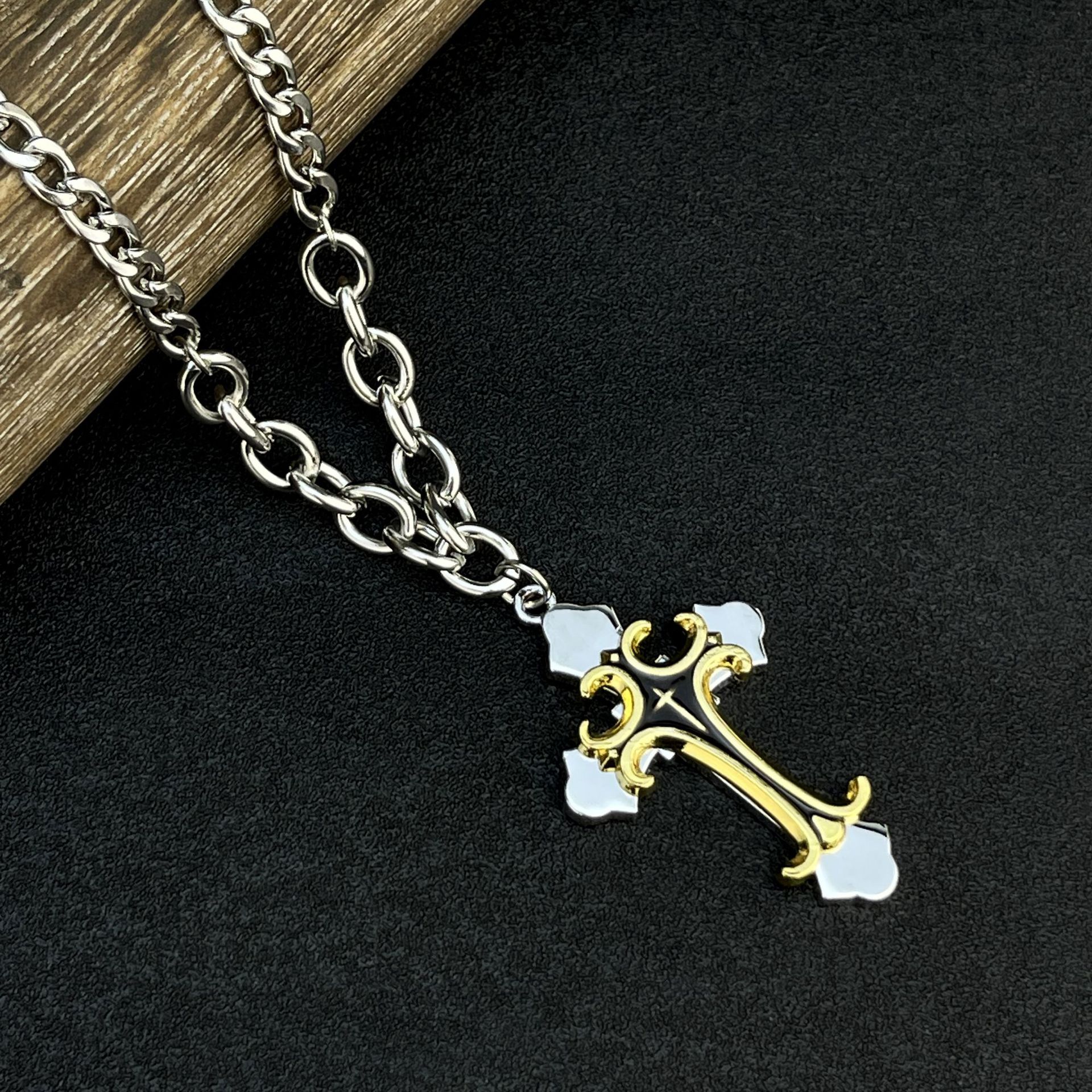 New European and American colorful multi-layer cross stainless steel necklace, street style hip-hop alloy pendant sweater chain details Picture