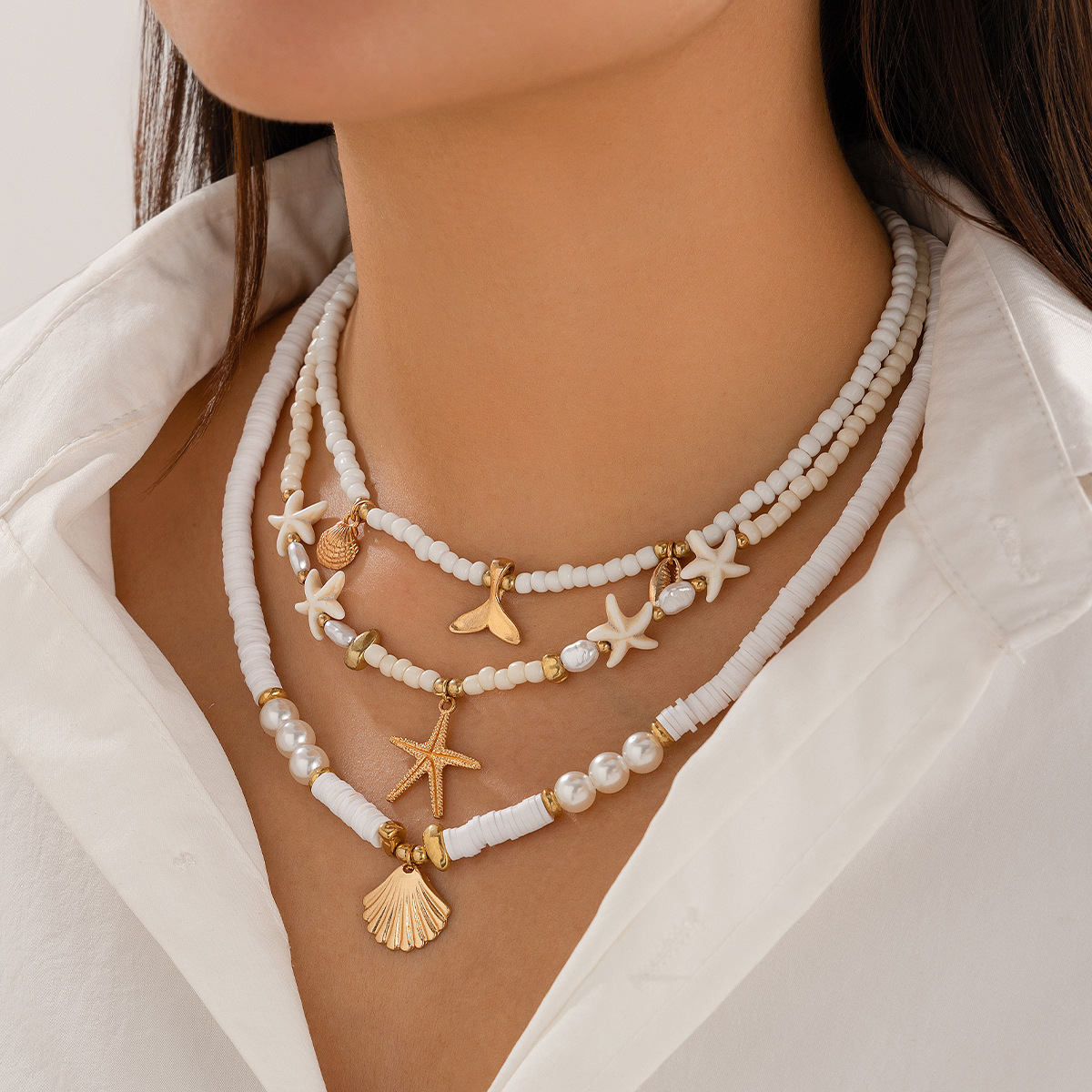 Support processing and customization of women's niche European and American ocean-style multi-layer necklaces with shells, turquoise, and beach starfish beads Specification drawing