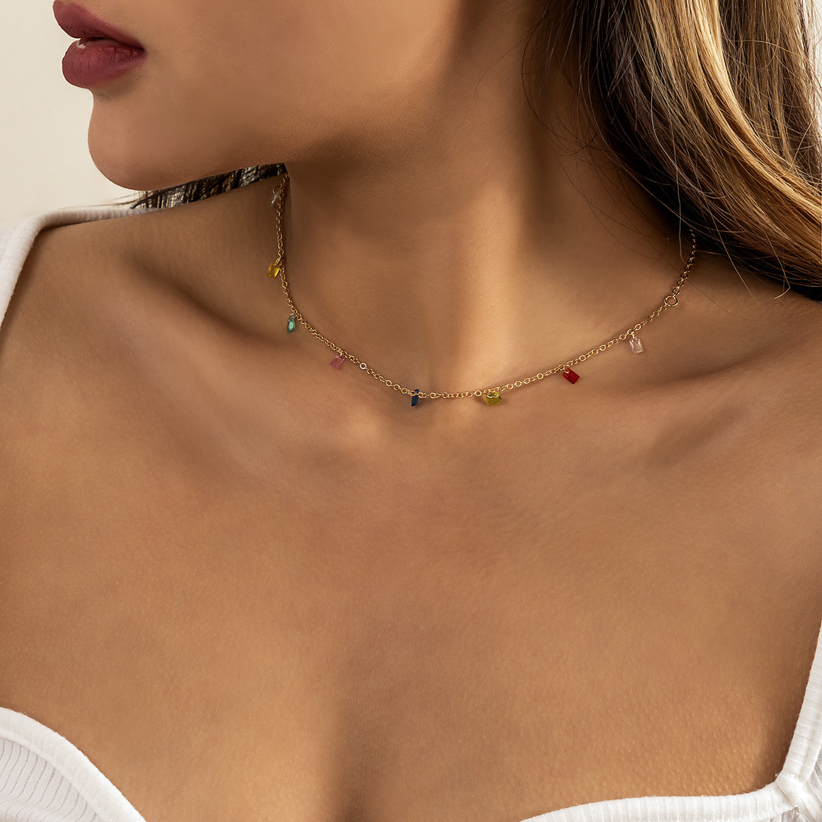 European and American cross-border jewelry, Bohemian colorful imitation crystal pendant necklace, tassel star alloy versatile necklace details Picture