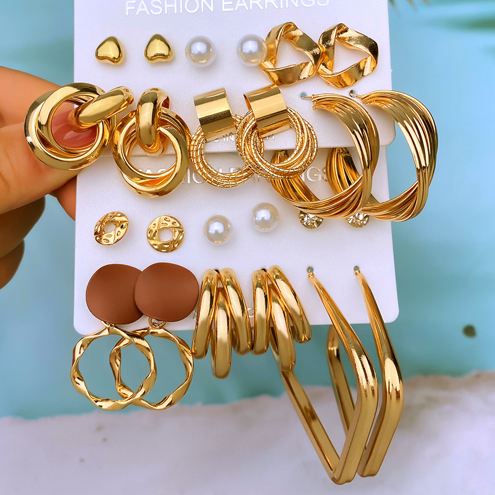 Cross-border multi-layer geometric circle inlaid rhinestone butterfly stud earring set 6 pairs of creative butterfly pendant ear ring earrings full figure