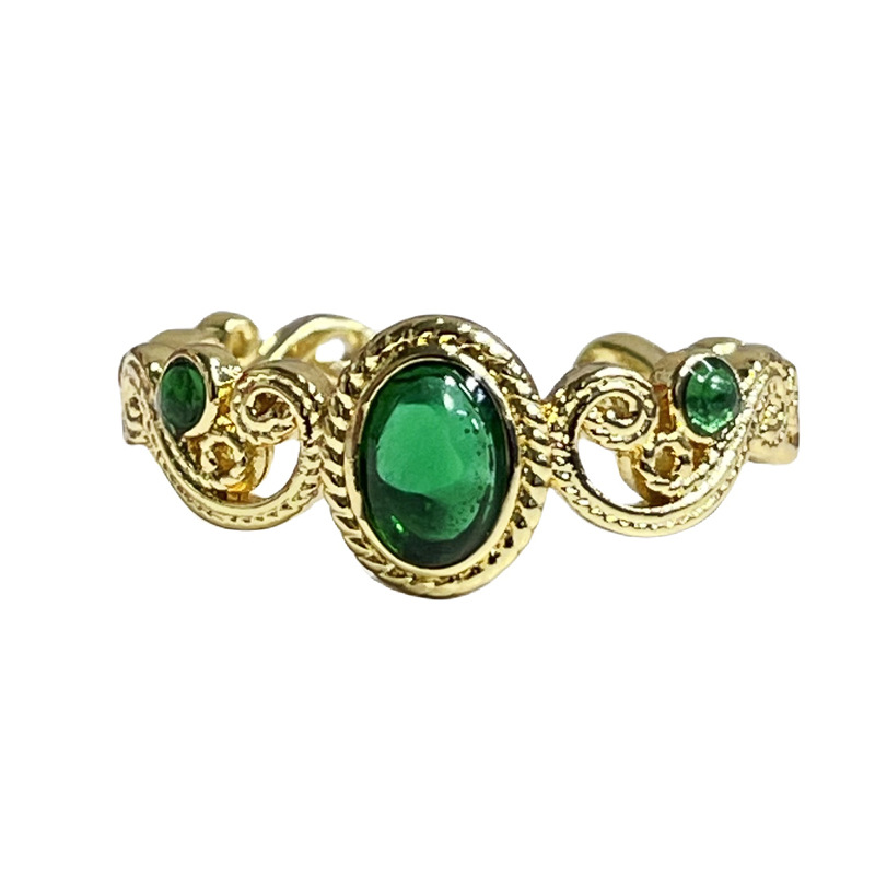New Chinese-style retro hollowed-out lace imitation emerald artistic and elegant open ring, sweet, cool, light luxury and niche ring for women Item Picture