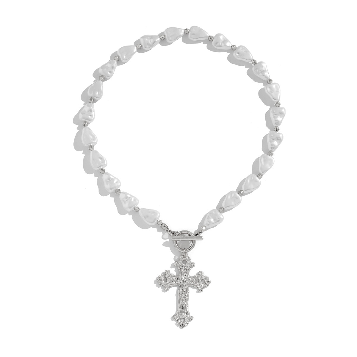 European and American cross-border jewelry, inS-style irregular-shaped pearl string collarbone chain, versatile cross alloy OT buckle necklace Item Picture