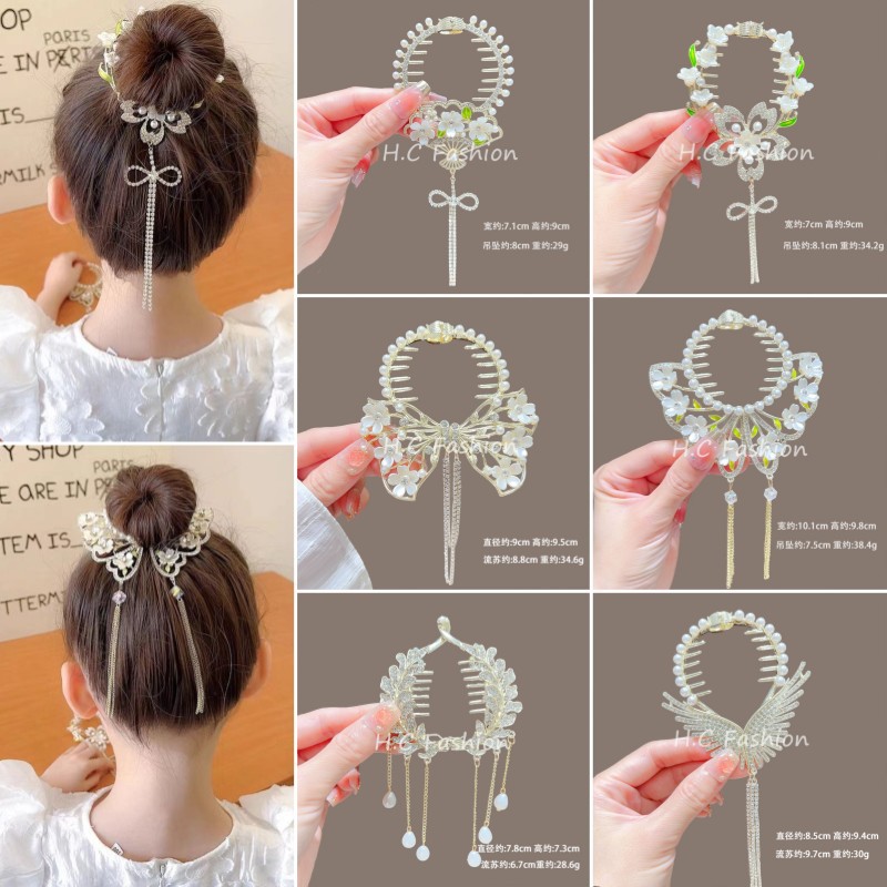 New Chinese-style feminine style flower bun hair clip, wing tassel ponytail buckle, back of the head updo headwear full figure