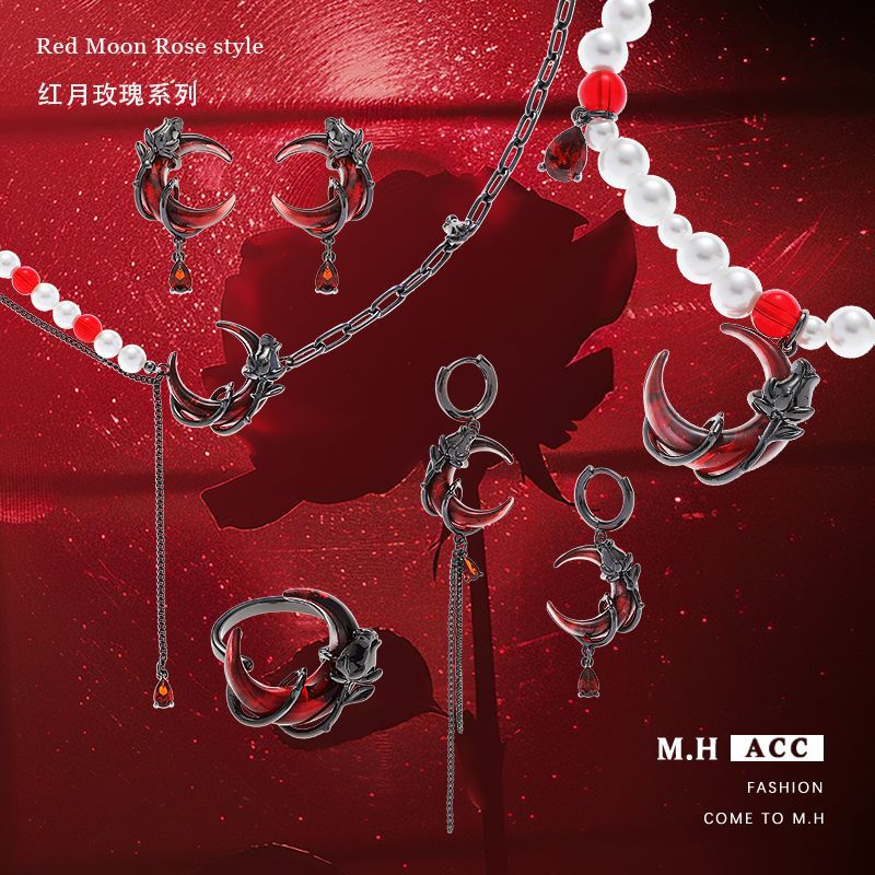 Original Red Moon rose earrings wholesale, a niche and high-end style, dark and elegant Su earrings, retro and versatile earrings, trendy for women full figure