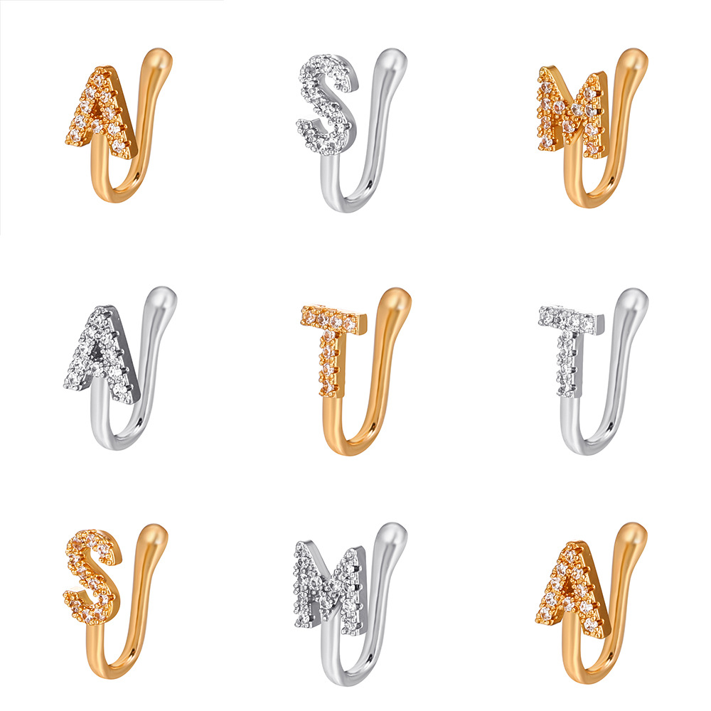Aliexpress non-perforated nose stud, cross-border copper inlaid zircon 26-letter U-shaped nose clip and nose ring piercing decoration from Europe and America Item Picture