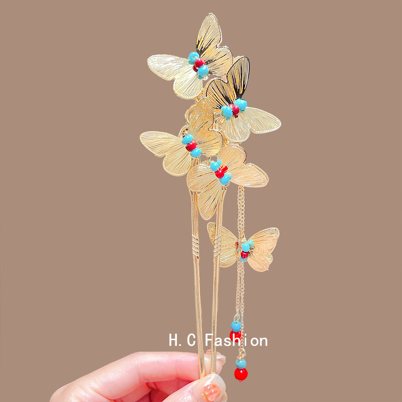 New Chinese-style exquisite golden butterfly tassel hairpin, high-end U-shaped Hanfu updo cheongsam hairpin, hair accessory and hairpin Specification drawing