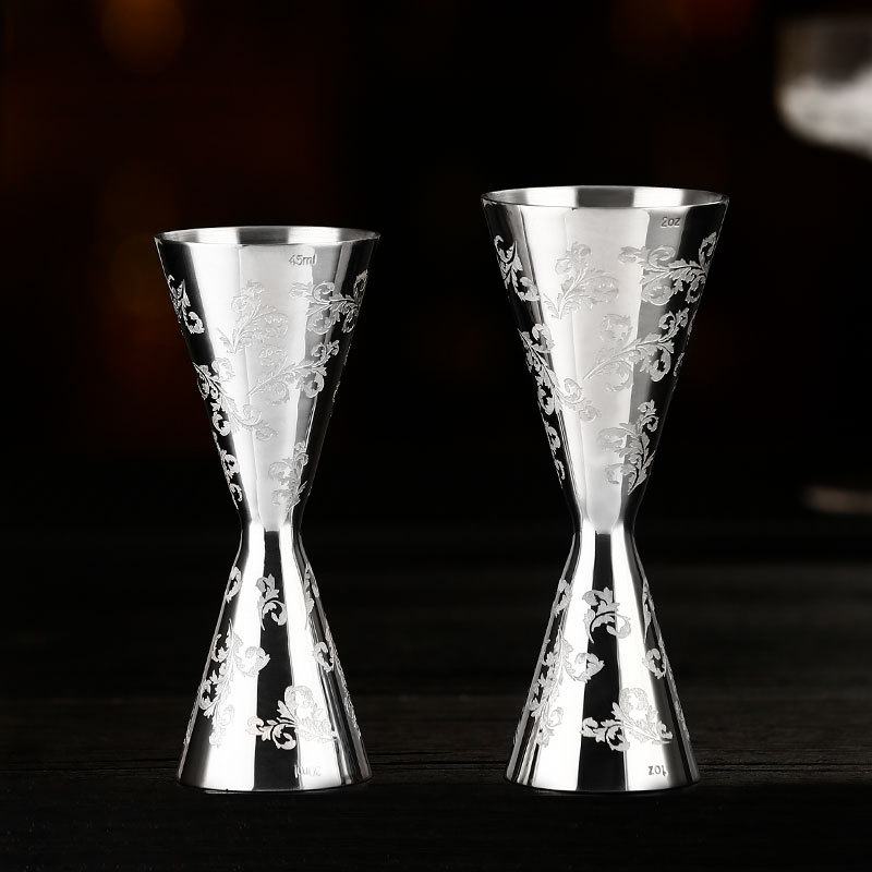 304 stainless steel one-piece measuring cup, ANSI cup, double-head wine measuring vessel, etched pattern, 30/60 straight edge, slanted body, cocktail glass Specification drawing