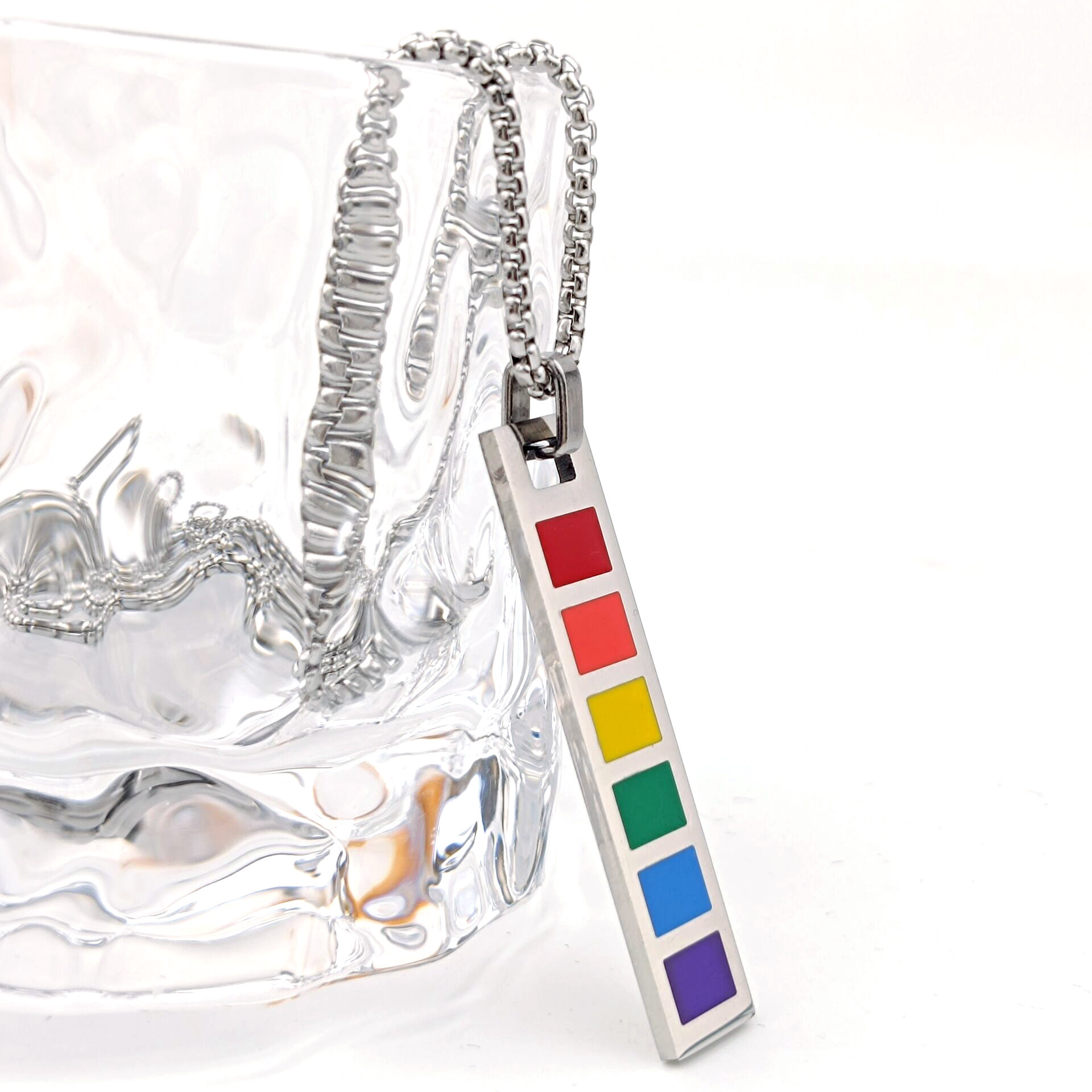 Cross-border best-selling rainbow striped pendant, retro and personalized, trendy men's stainless steel rainbow square pendant accessory necklace full figure