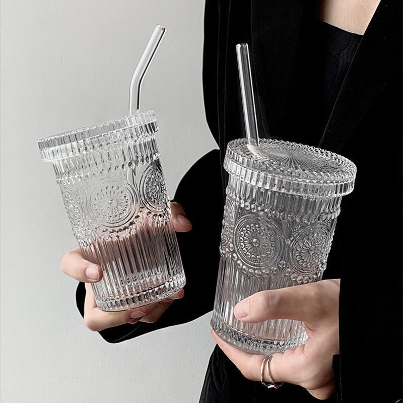 Nordic glass cups, retro sunflower relief water cups, InS-style thickened juice cups, home wine glasses, breakfast cups full figure