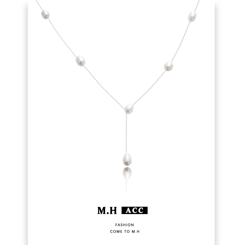 Korean freshwater pearl necklace, pure white Y-shaped fresh and sweet sweater chain in an ins style for women, cross-border fashionable and elegant necklace Application Scenario
