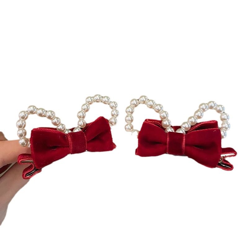 New baby headwear for girls with three-dimensional pearl ears, sweet princess, bangs and hairpins, New Year side clips Item Picture