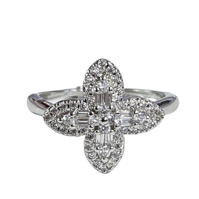 A light luxury, full diamond ladder, square row diamonds, cross-stacked open ring, a female four-leaf clover, elegant and high-end, cold style ring Item Picture