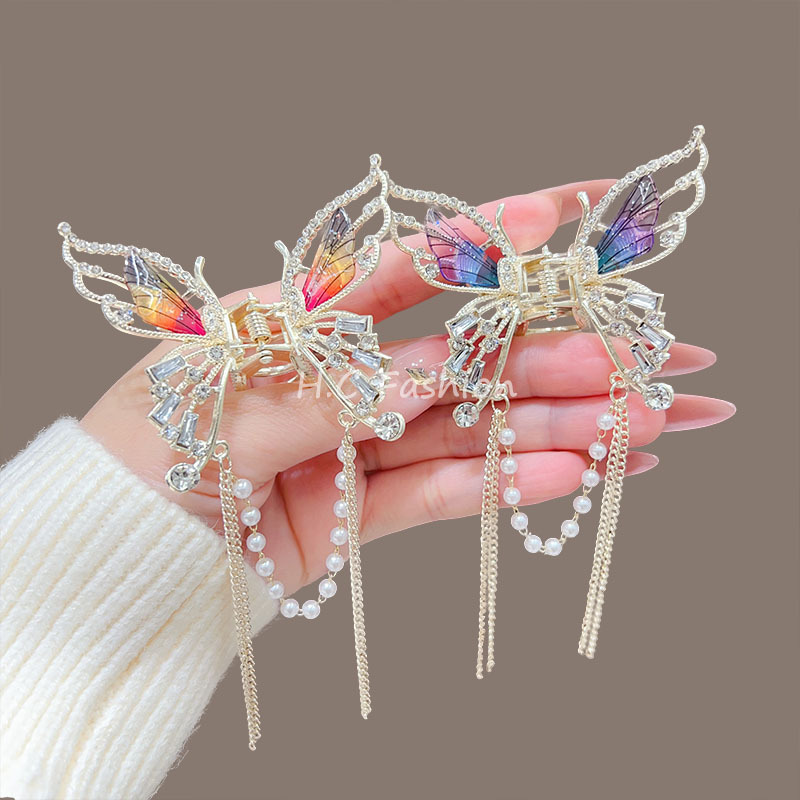 Super fairy butterfly wing pearl tassel grappling clip women's high-end semi-tied hair clip, new updo shark clip hair clip accessory Specification drawing