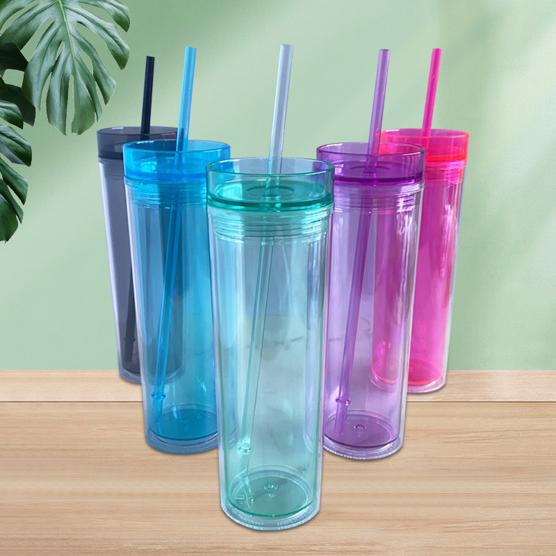New plastic double-layer straw cup, transparent straight tube cup, available in multiple colors, 500ml casual plastic cup, directly supplied by the manufacturer full figure