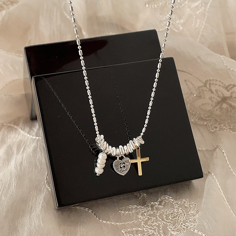 Silver silver metallic pearl heart-shaped cross tassel necklace, simple and versatile for women, elegant and stylish collarbone chain Specification drawing