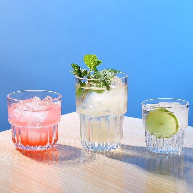Retro household beverage cups, glass water cups, transparent cold brew latte glass small cups, stackable American iced coffee cups full figure
