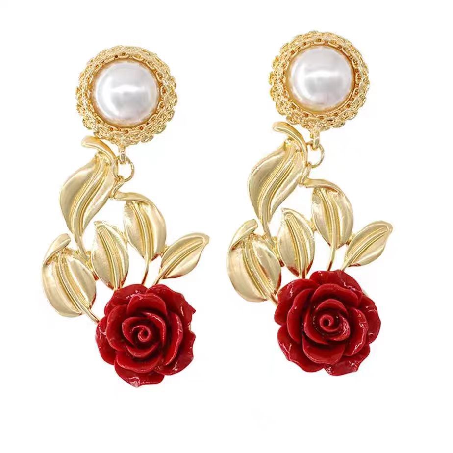 French retro vacation style metal red rose flower earrings with exaggerated and high-end design ins pearl stud earrings Item Picture