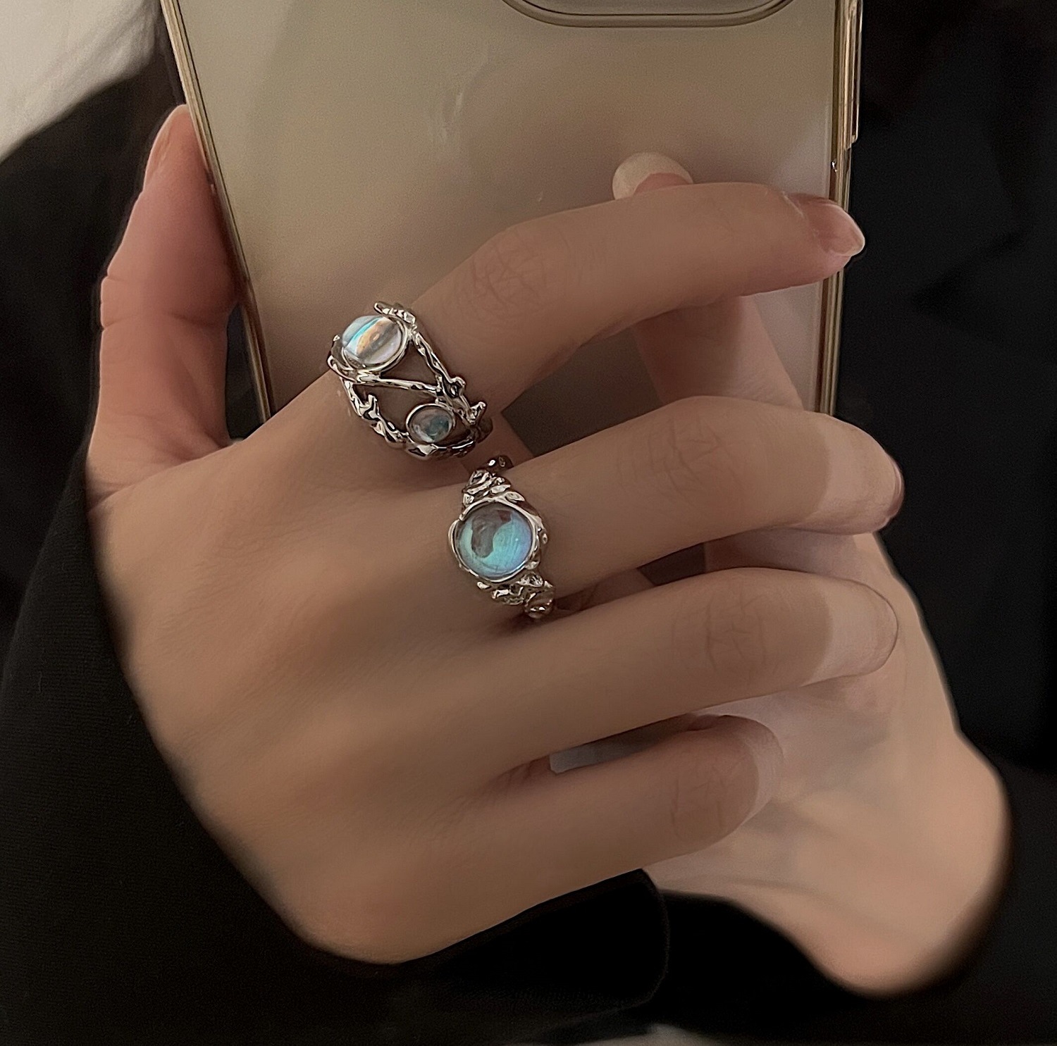 A unique moonstone open-top two-piece set ring for women, an Instagram niche design with a high-end and light luxury open-top food ring Specification drawing