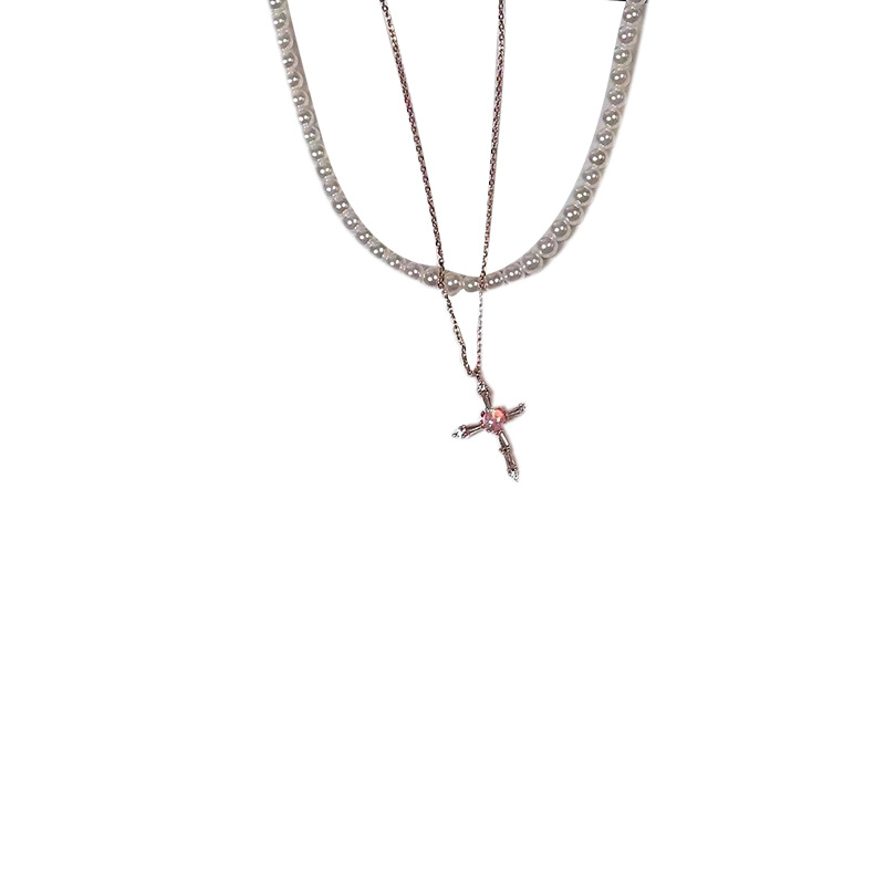 Cross Retro Pearl double-layer necklace, Korean zircon pastel cross necklace, feminine, niche retro style Item Picture