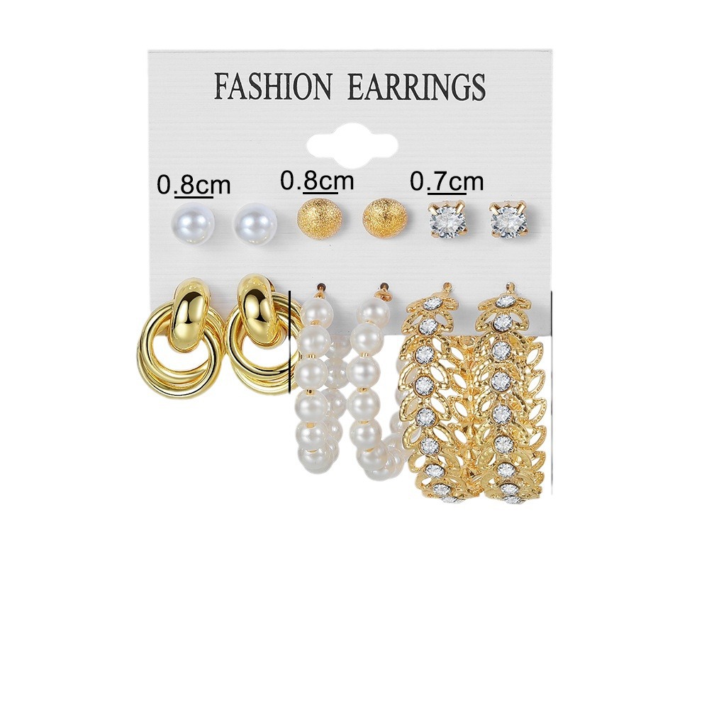 A 6-piece set of European and American cross-border alloy earring square geometric earrings, retro pearl card earrings and earrings Item Picture