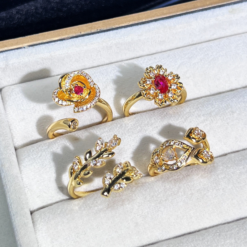 Cross-border light luxury golden flower leaf elegant open ring, women's niche fashion exquisite index finger ring, sweet and cool accessory Specification drawing