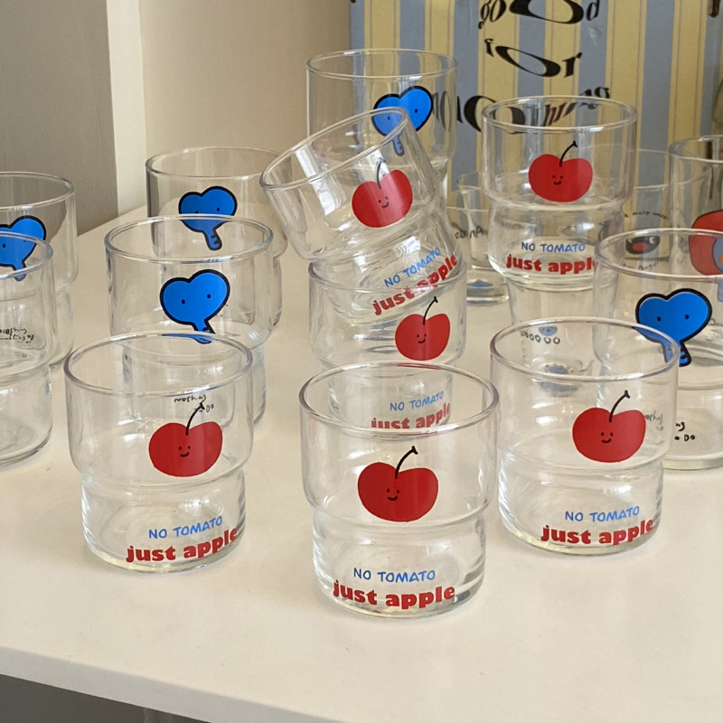 A unique Instagram cartoon red apple smiling tempered glass cup, simple hand-painted coffee cup gift, heat-resistant 220ml Item Picture