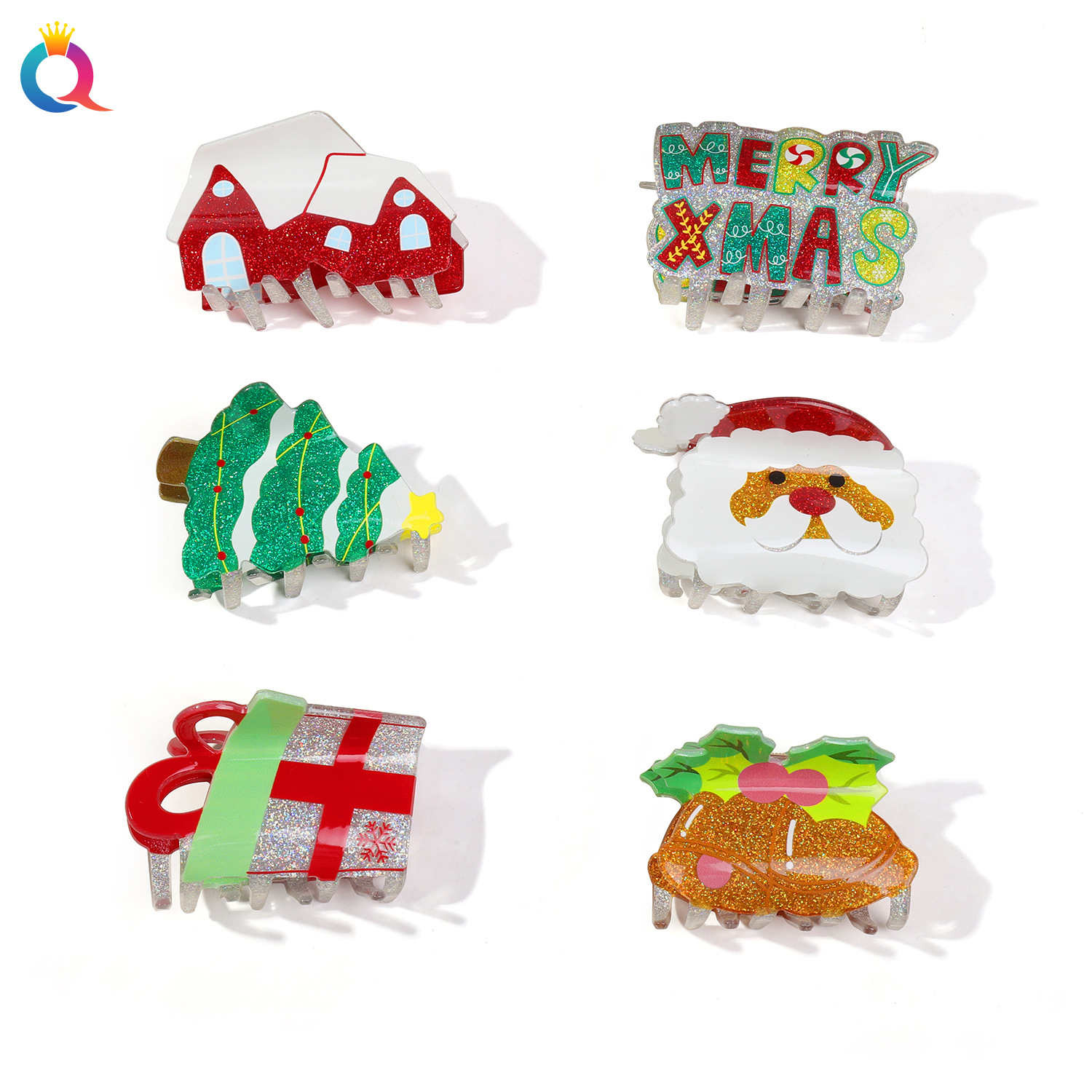 Wholesale of Qiyue Cross-border Acrylic Christmas Cartoon glitter hair clips, updo hair clips, high-end shark clips and hair accessories Item Picture