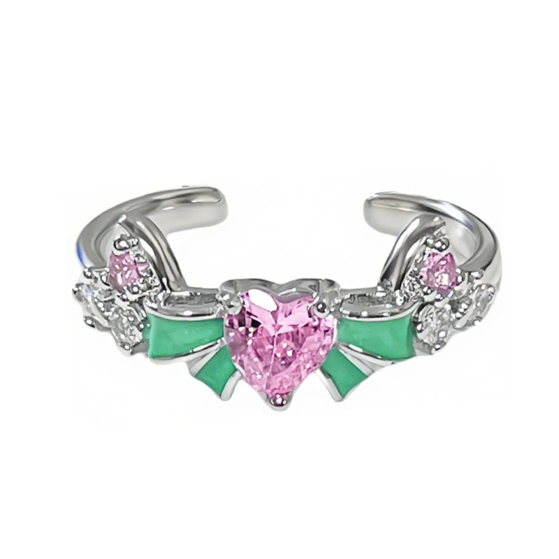 Sweetheart cat pink diamond heart-shaped bow open ring, a woman's Instagram cold style, high-end and luxurious ring Item Picture