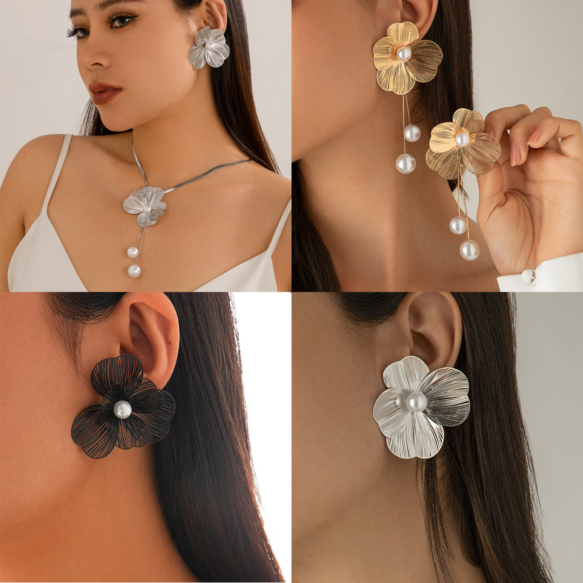 European and American cross-border metal texture ginkgo leaf flower necklace sweet cool three-dimensional imitation pearl tassel necklace earrings full figure