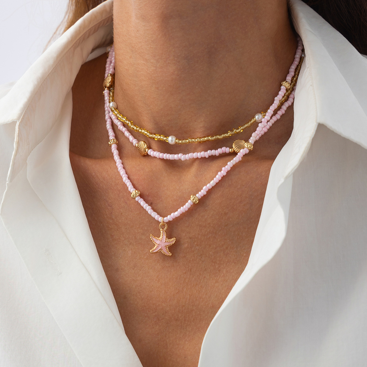 European and American cross-border jewelry, beach personalized oil-dripping little starfish pendant necklace, Bohemian rice bead beaded necklace details Picture