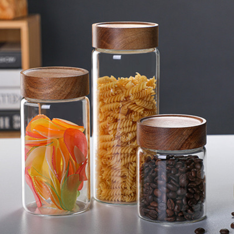 Large threaded mouth acacia wood storage jar, kitchen storage jar, sealed glass jar, glass sugar jar for grains and cereals details Picture