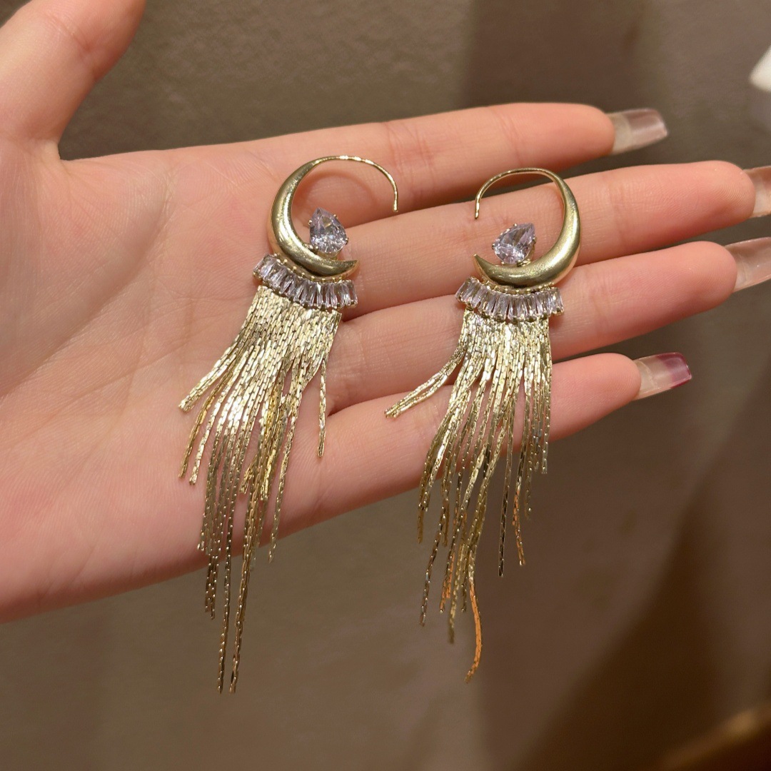 2025 New style light luxury high-end long tassel earrings, feminine, fashionable, face-slimming earrings and earrings 925 Specification drawing
