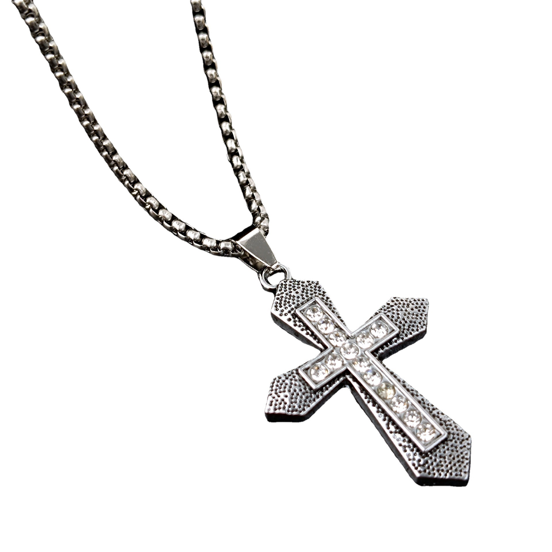 New AliExpress European and American retro multi-layer cross necklace, men's stainless steel cross pendant collarbone chain Item Picture