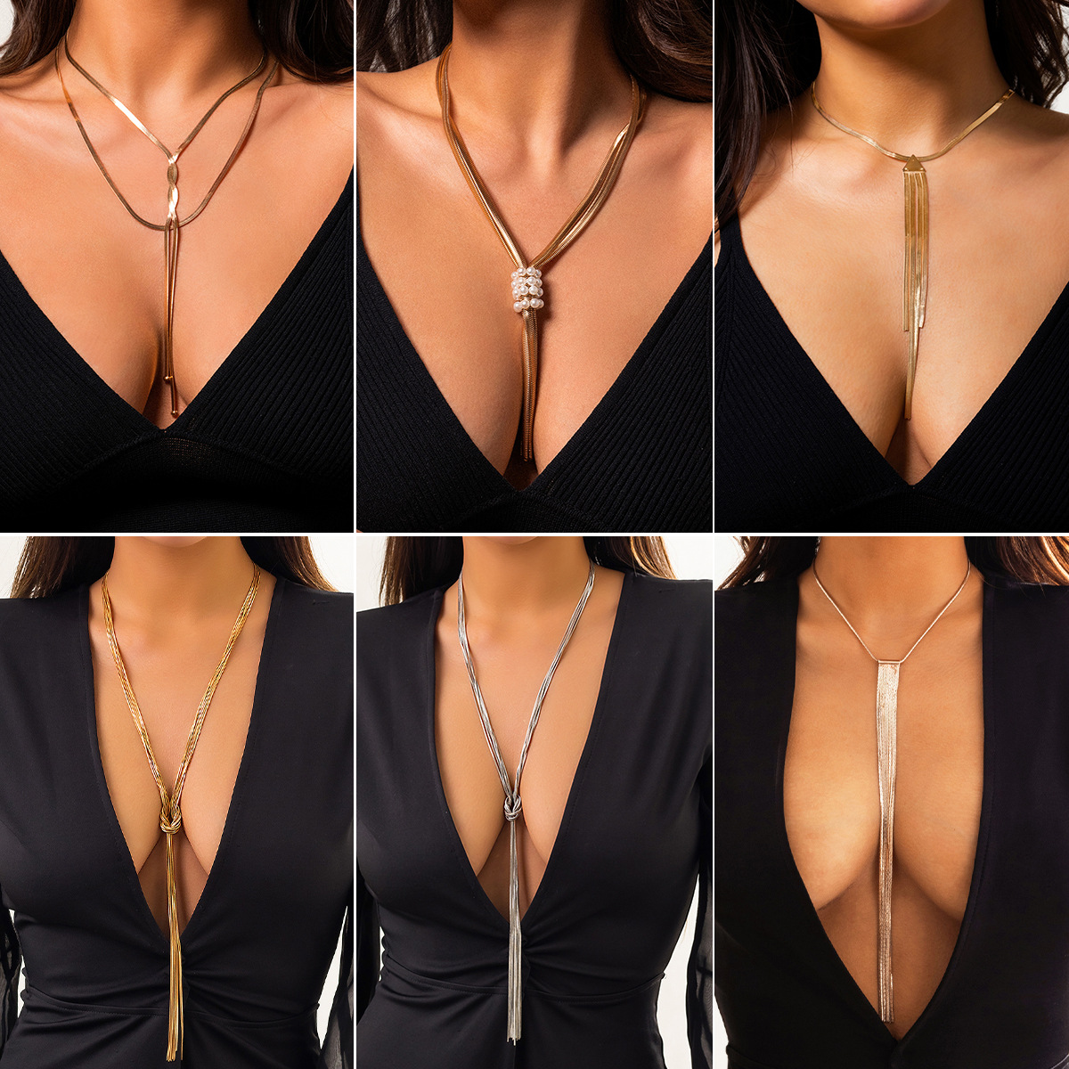 A simple and long snake-bone chain necklace from Europe and America, with a cold design and plain chain tassel necklace details Picture