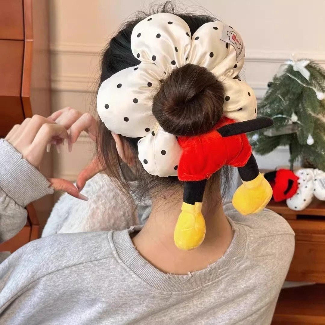Mickey Mouse flower polka dot, bottom hair tie, large intestine circle, cute plush bun hairstyle, princess in distress, hair tie, hair accessory for a girl full figure