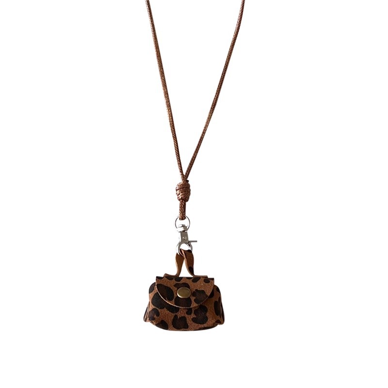 Retro coffee-colored leopard print small bag necklace, women's autumn and winter style long sweater chain headphones, coin purse pendant accessories Item Picture