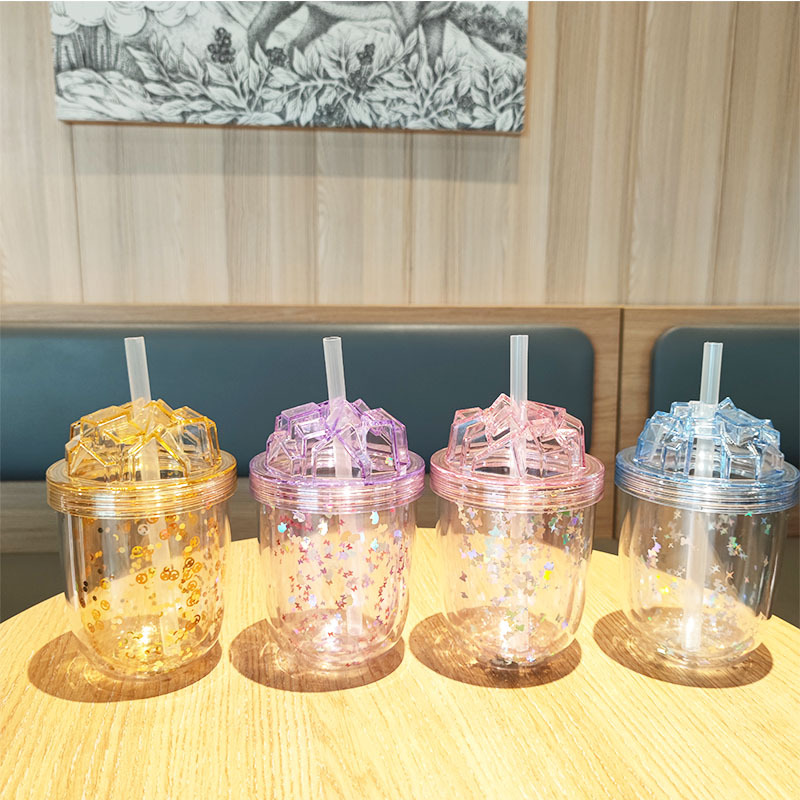New summer minimalist double-layer glitter straw cup, cross-border Amazon plastic portable milk tea cup AS cold water cup full figure